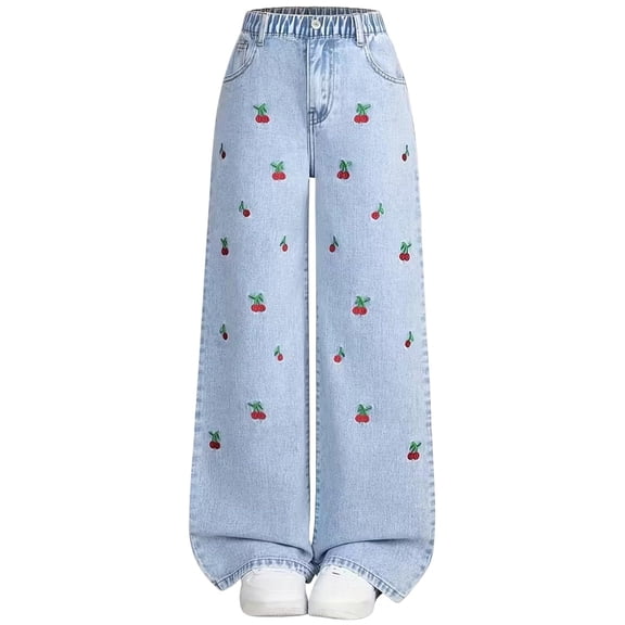 Girl's Bow Embroidered Baggy Jeans Elastic Wide Leg Denim Pants Cute Jeans for School Girls