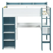 Euroco Wood Full Size Loft Bed with Storage Headboard, Bookcase. Desk and Clothes Hanger for Kids Teens Adults, White&Blue
