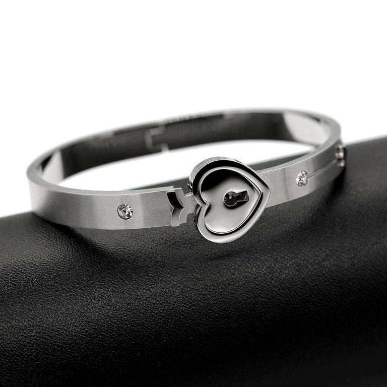 Heart Lock Love Bracelet Bangle and Key Necklace Pendant Lover Jewelry Set for Couples Men and Women 2.4inch White