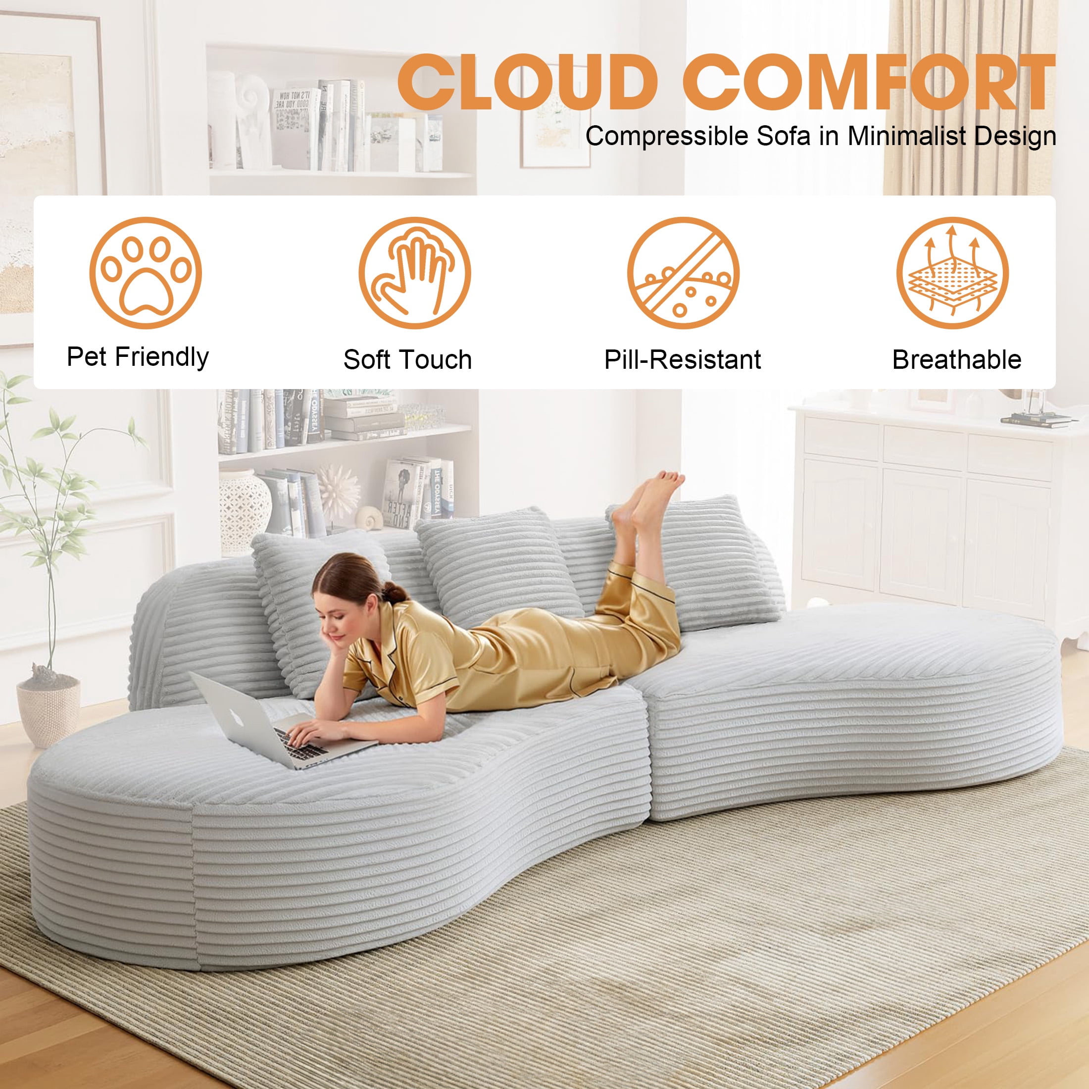 Aukfa 123.2" Oversized Cloud Sectional Sofa – Curved Upholstered Living Room Couch with 3 Pillows, No Assembly, Gray