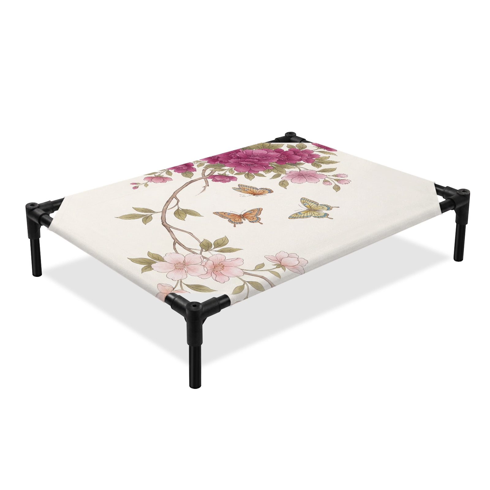 Spring Floral Elevated Dog Bed Watercolor Pink Peony Romantic Butterfly Cooling Breathable Outdoor Raised Dog Cot Bed with Metal Frame Non-Slip Feet for Large Dog 28x22in