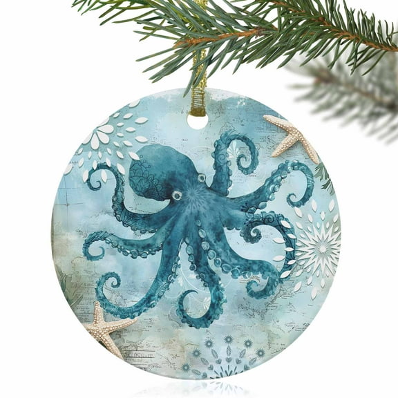 Watercolor Ocean Octopus Christmas Ceramic Ornament 2025,3" Round Xmas Tree Hanging Accessories with Gold Ribbon