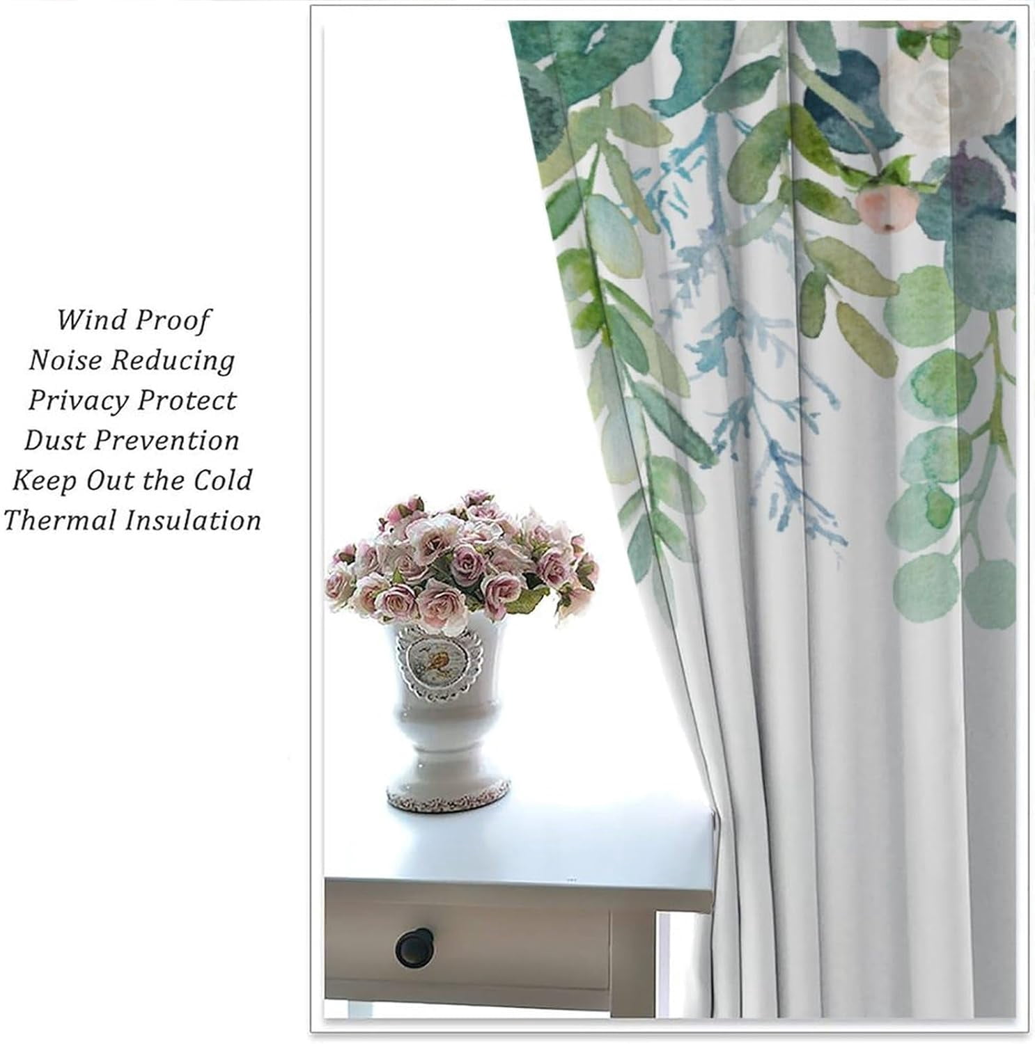 Floral Leaves Curtains Pink Flower Watercolor Leaves Nature Rustic Pattern Blackout Print Rod Pocket Window Drapes for Bedroom Living Room 52x84in