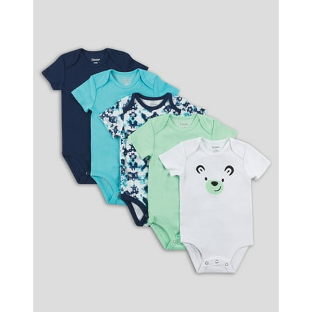 

Hanes Flexy Baby Knit Short Sleeve Bodysuits 4-Way Stretch Boys & Girls 5-Pack Blue Green Assorted 0-6M