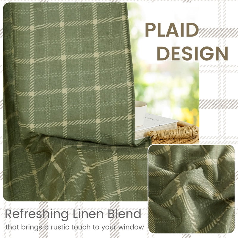 NICETOWN Green Linen Plaid Curtains for Living Room, Check Tartan Light Filtering Privacy Semi Sheer Linen Curtains Rod Pocket Back Tab Farmhouse Country Style Drapes, 52"x96", 1 Pair