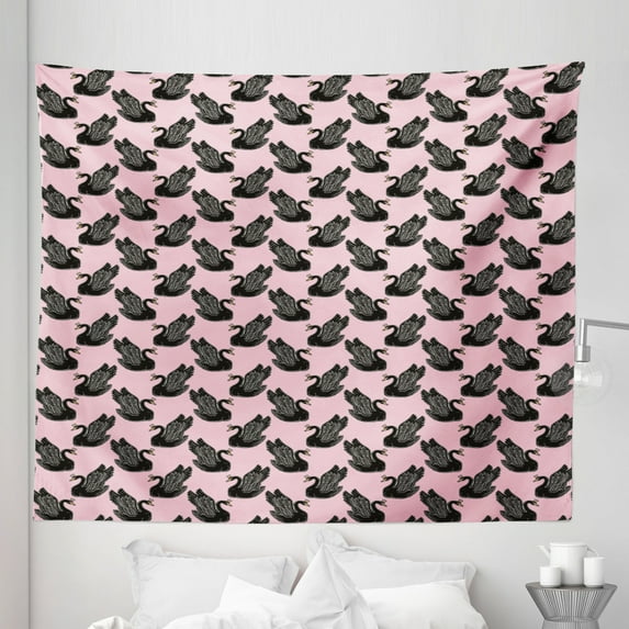 Swan Tapestry, Vintage Pin up Pattern with Black Swan Cartoon for Girls, Fabric Wall Hanging Decor for Bedroom Living Room Dorm, 5 Sizes, Pale Pink Black, by Ambesonne