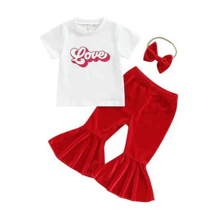 

xingqing 3pcs Valentine s Day Toddler Baby Girl Outfit Letter Print Short Sleeve T-Shirts Flare Pants Headband 3Pcs Suit Red 3-4 Years