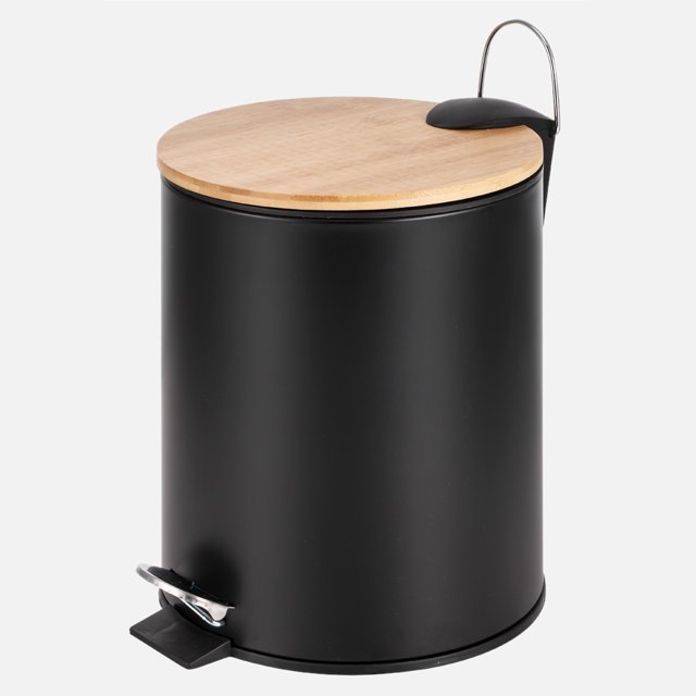 Linen Chest Black Step Bin with Slim Bamboo Lid Powder Coating Body, 5L