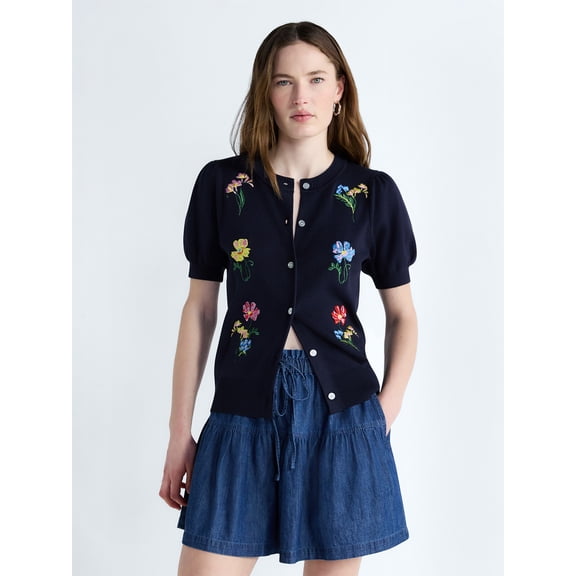 Free Assembly Women's and Women's Plus Embroidered Cardigan Sweater with Puff Sleeves, Lightweight, Sizes XS-4X