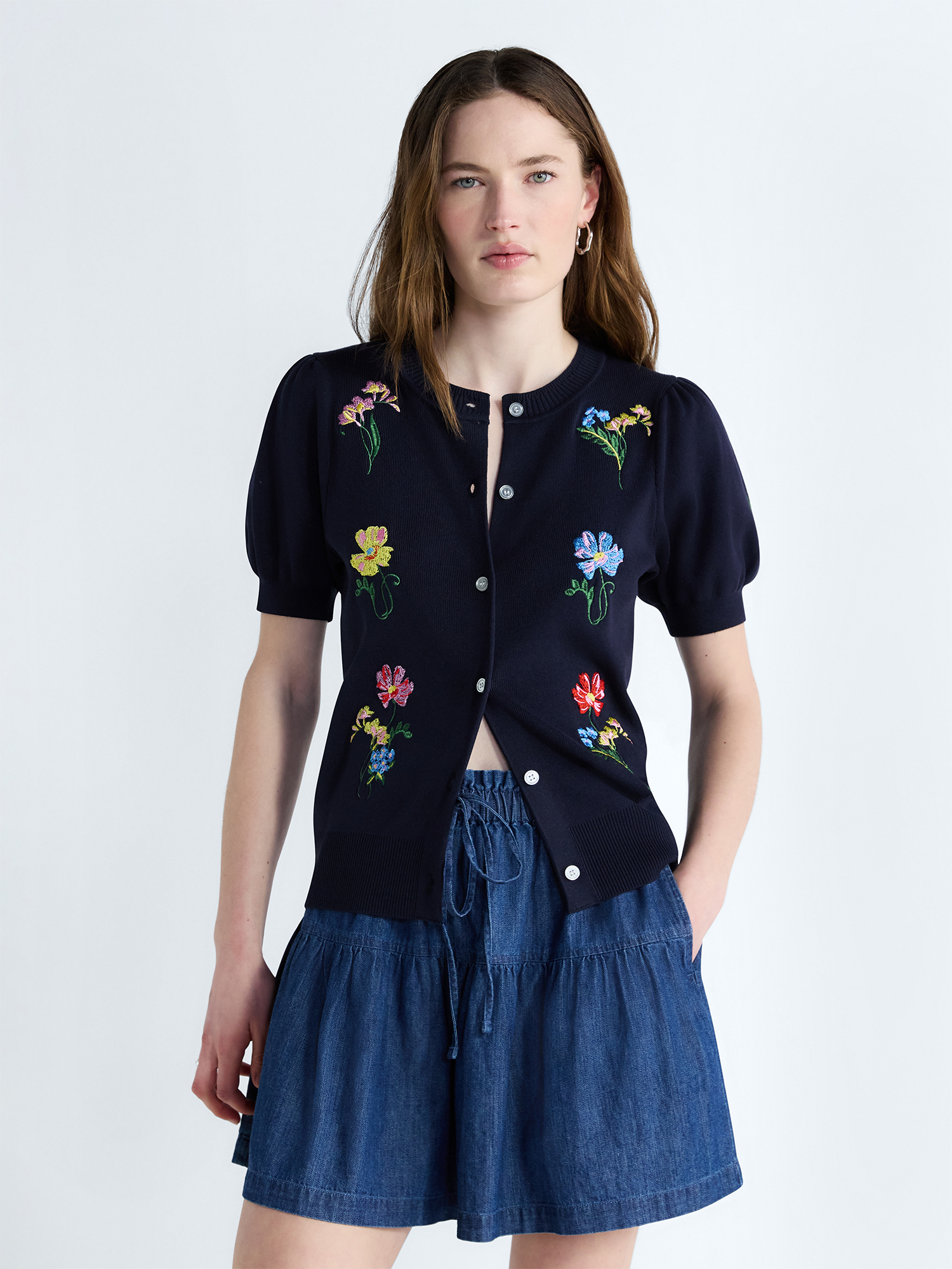 Free Assembly Women's and Women's Plus Embroidered Cardigan Sweater with Puff Sleeves, Lightweight, Sizes XS-4X