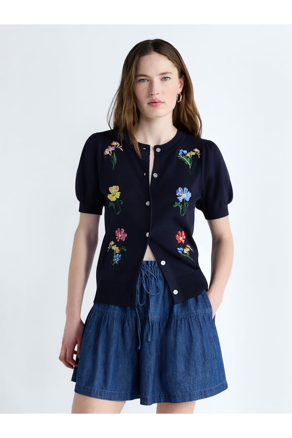 Women's and Women's Plus Embroidered Cardigan Sweater with Puff Sleeves, Lightweight, Sizes XS-4X