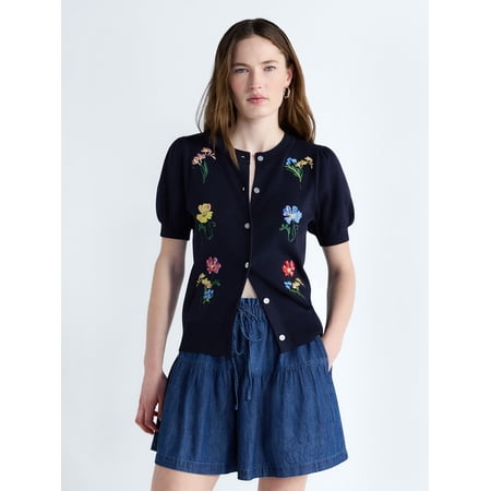 Free Assembly Women's and Women's Plus Embroidered Cardigan Sweater with Puff Sleeves, Lightweight, Sizes XS-4X