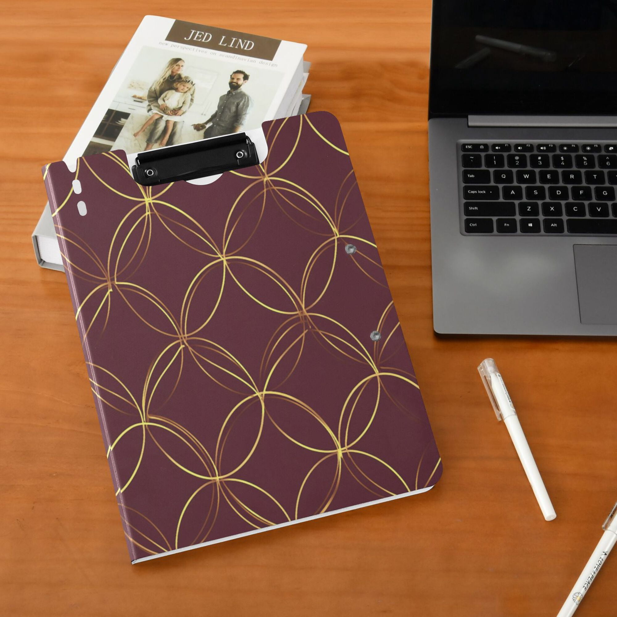 FORMRS A4 Clipboard Folder with Pen Holder Horizontal Foldable School Office Binder, Circular Gold Pattern