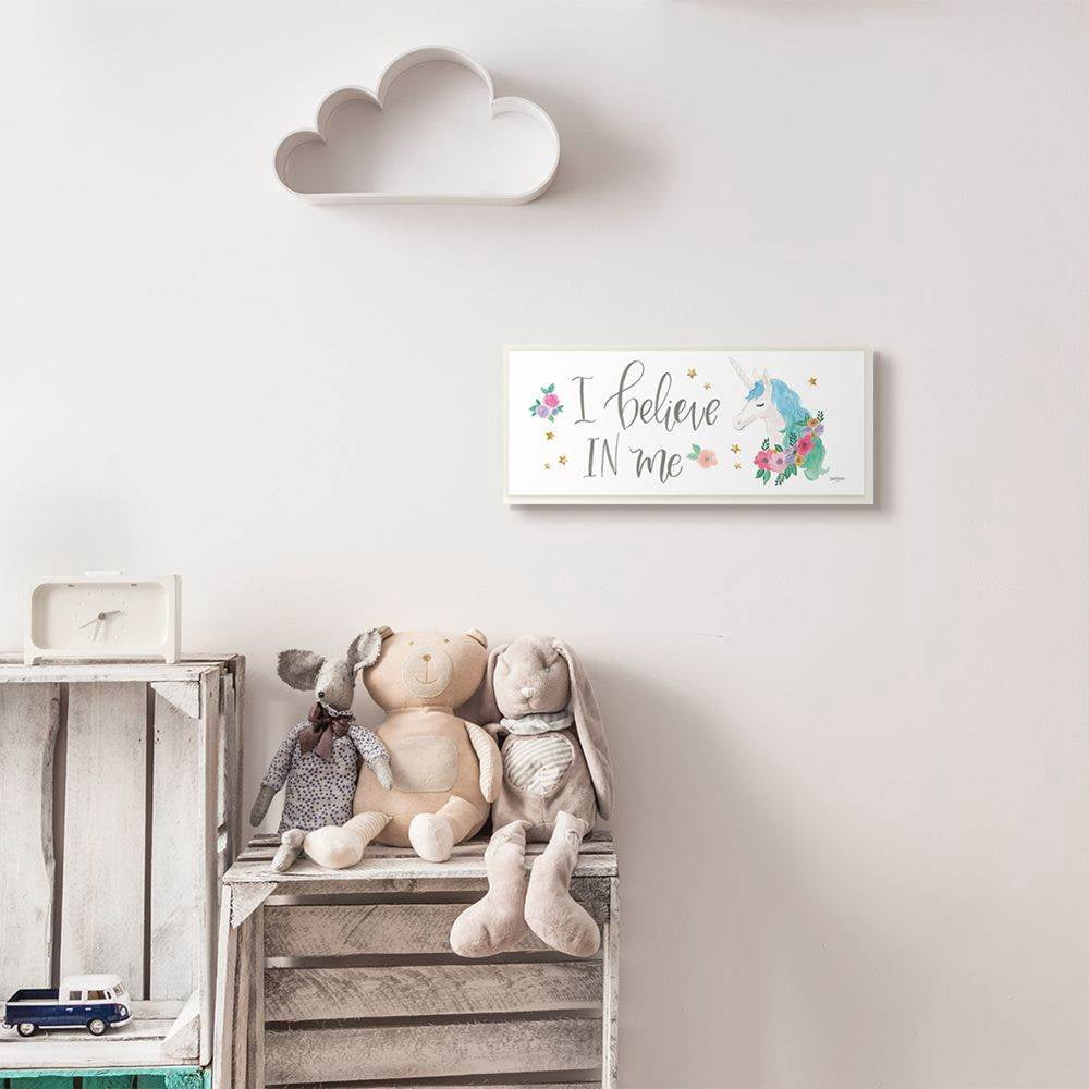 The Kids Room by Stupell I Believe Word Kids Nursery Unicorn Blue Watercolor Design Wall Plaque Art by Jenaya Jackson