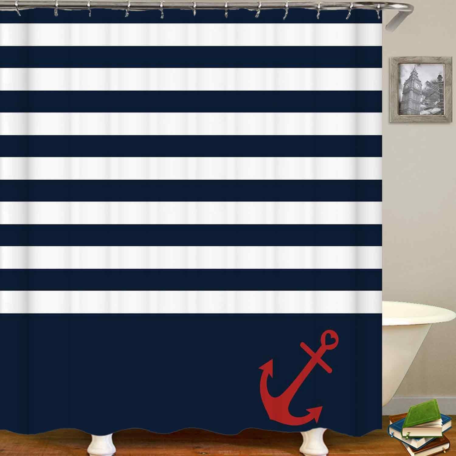 4PCS Red Anchor Nautical Shower Curtain Set, Waterproof Fabric Shower Curtain, Non-Slip Bath Mat Bathroom Rugs White Navy Blue Quatrefoil Stripes Abstract Geometric Ocean Anchor Bathroom Decor
