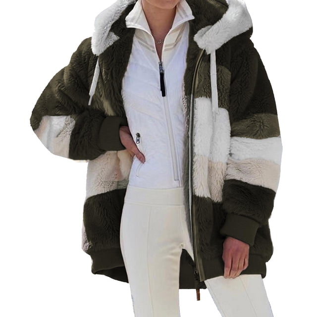 Moda mujer invierno abrigo de felpa empalme con capucha manga larga cremallera bolsillo cálido Irfora Abrigo de mujer
