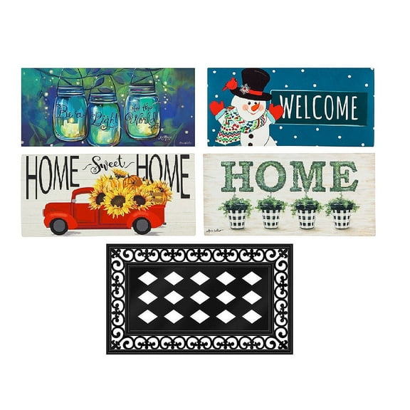 Evergreen Indoor Outdoor Doormat Bundle Set of 5 - Frame and 4 Welcome Seasonal Inserts Red Truck Snowman Fireflies Planters
