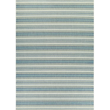 Couristan 5.8' x 9.1' Ivory and Blue Striped Rectangular Outdoor Area Throw Rug