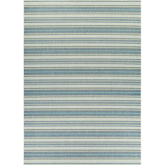Couristan 5.8' x 9.1' Ivory and Blue Striped Rectangular Outdoor Area Throw Rug