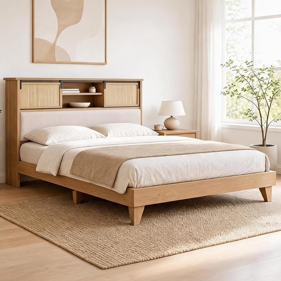 King Size Solid Wood Platform Bed Frame with Bookcase Headboard, Rattan Sliding Door, USB & Type-C Charging Station, Anti-Squeak Wood Slats, No Box Spring Needed, Underbed Storage Space
