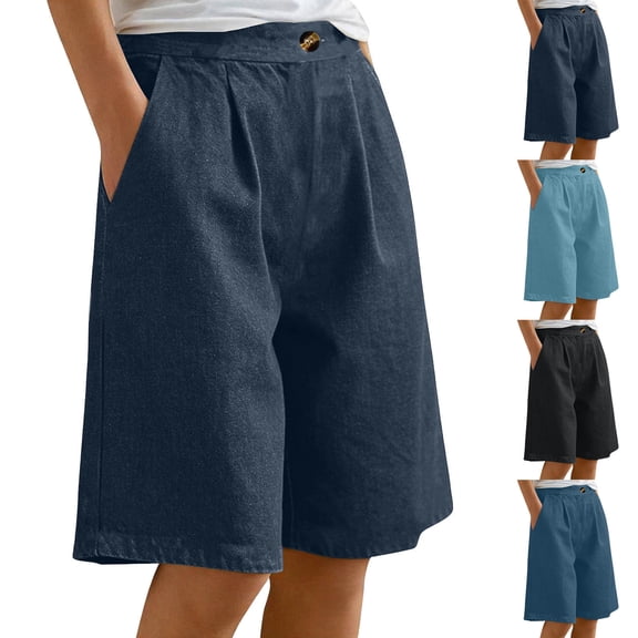 Bermuda Baggy Jean Shorts for Women Casual Loose Wide Leg Knee Length Denim Shorts Elastic Waist Short Jeans with Pocket