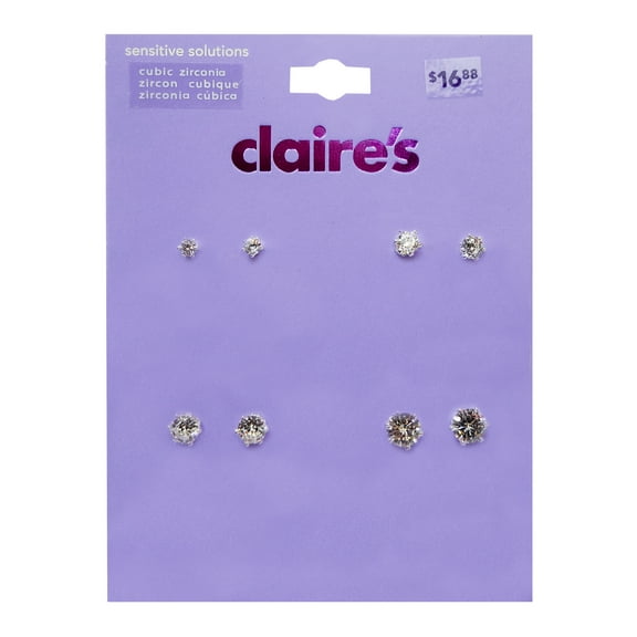 Claire's Women's Silver Round Cubic Zirconia Stud Earrings, Post Back, 4 Pack, 74003 Adult Female