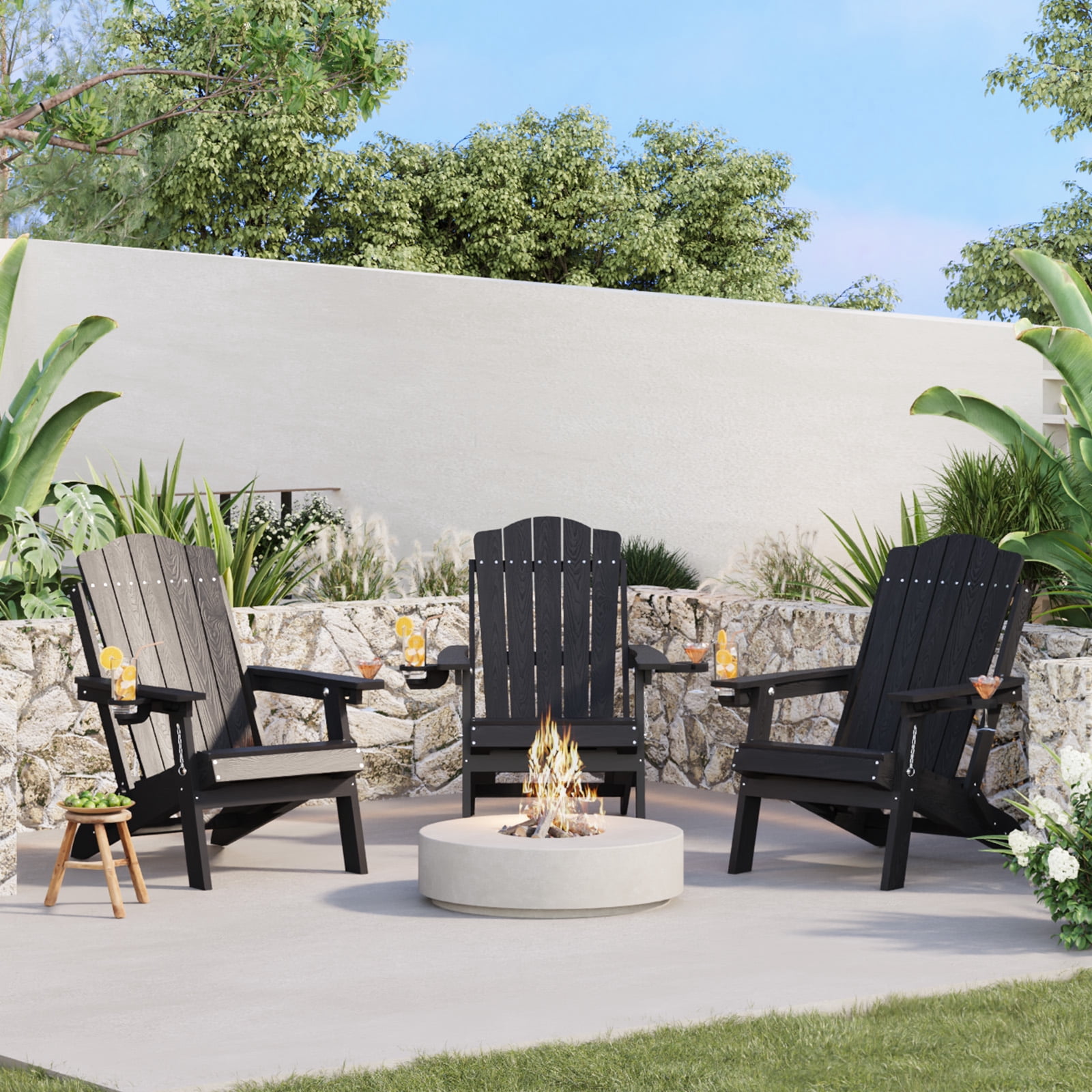 Vebreda Folding Adjustable Adirondack Chair with Retractable Footrest, 3-Position Backrest, Cup Holders, Black
