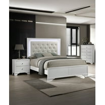 3pc Modern Crisp White Tufted Headboard LED King Size Bed Chest Nightstand Set