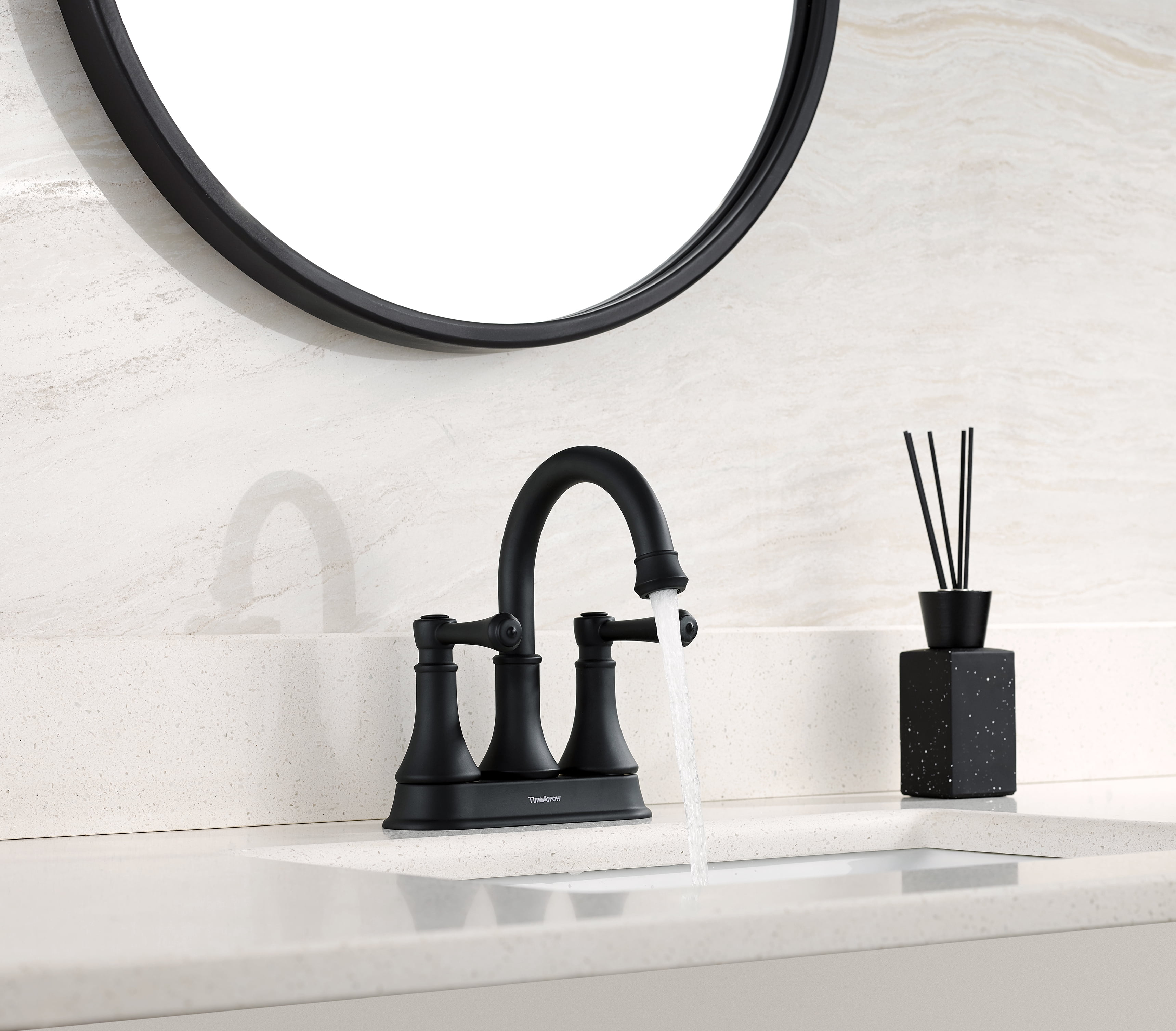 Matte Black 4 Inch Centerset Bathroom Faucet Vanity Lavatory Faucet for 3 Holes with Pop up Drain and 360° Swivel Brass Spout, TAF067Y-MB