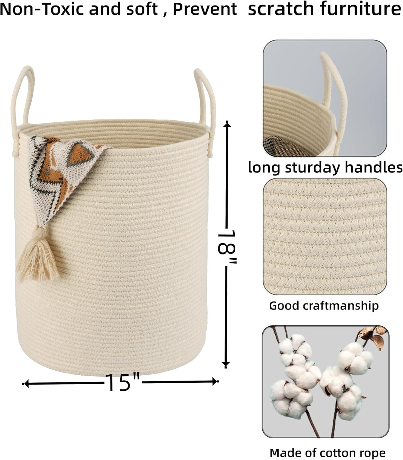 WarmHavenv Cotton Rope Laundry Basket Hamper for Clothes Woven Storage Basket for Living Room Bedroom Boho Tall Rope Baskets for Blanket Toys Pillow Towels Baby Nursery Hamper Bin beige