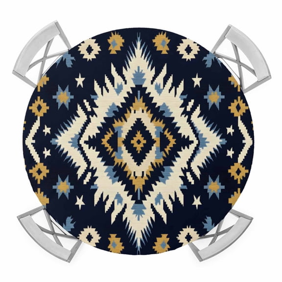 Boho Navy Blue Round Tablecloth for 36-44 Inch Tables,Fitted Table Cover with Elastic Edge,Ethnic Geometric Southwestern Retro Waterproof Outdoor Table Cloth Protector for Patio Garden Dinner Picnic