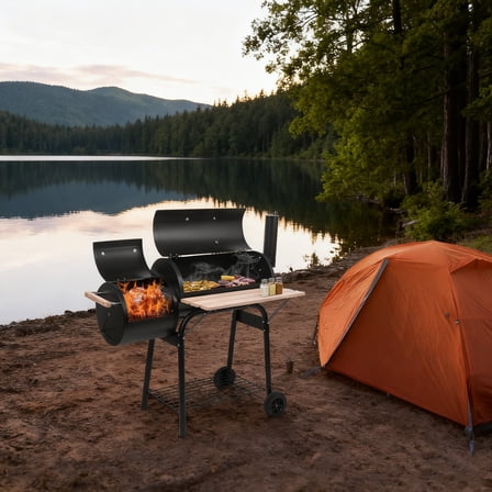 iCapeson 30" Charcoal Grill & Offset Smoker with Thermometer, 800 sq in BBQ Barrel with Side Shelf & Wheels, Portable Outdoor Smoker for Backyard, Patio, Camping