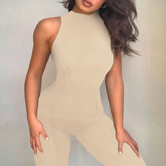 Vedolay Jumpsuits for Women Sleeveless High Waist Lift Tight Jumpsuit,Beige L
