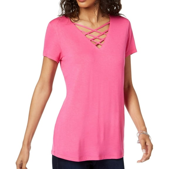 I.N.C Womens Lattice-Neck Knit Blouse, Pink, X-Small