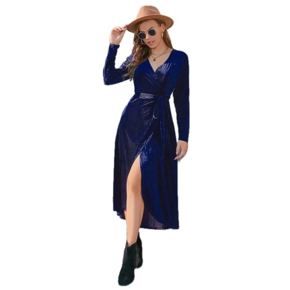 Women's Tie Front Long Sleeve Slit Dress 100% Polyester Fabric Belted Sheer Panel for Elegant Evening Party Look