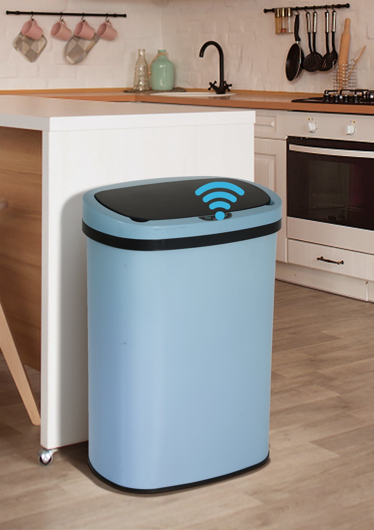 CL.HPAHKL 13 Gallon Trash Can with Touch-Free & Motion Sensor, Automatic Stainless-Steel Kitchen Garbage Can with Lid, Trashcan Trash Bin for for Bathroom Bedroom Home Office, Blue