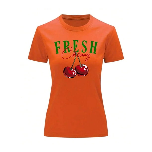 Playera Blusa De Cerezas Fresh Cherry Ropa Para Mujer Ropa Para Dama Color Anaranjado Talla Grande Marca Emil SaEs