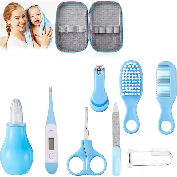 Bexikou 8 in 1 Baby Healthcare and Grooming Kit Baby Safety Care Set Baby Brush Set for Newborn Portable Safety Care Set Include Hair Brush Comb Nail Clipper for Keep Clean (Blue)