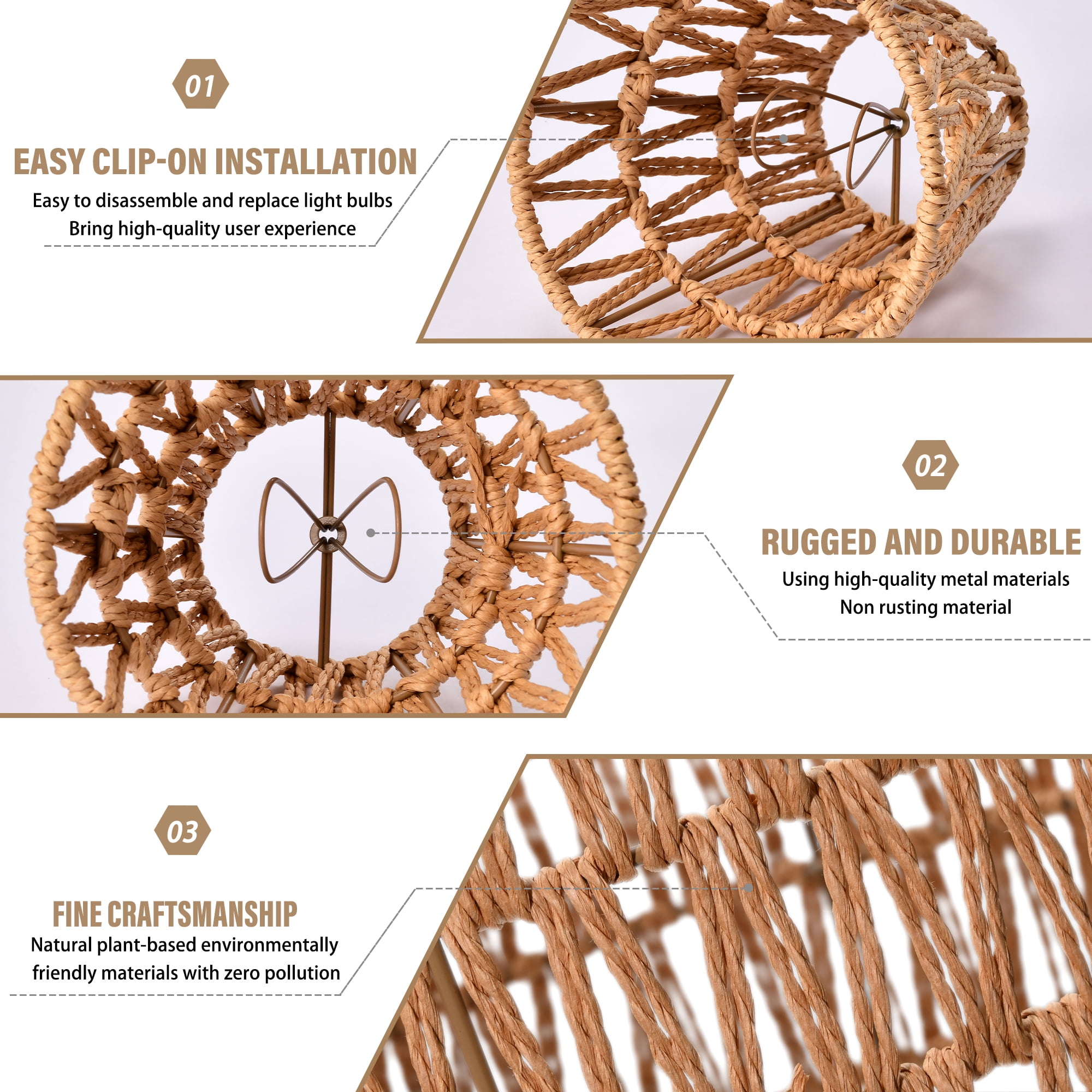 Set of 6 Boho Clip On Chandelier Shades, Mini Handwoven Rattan Style for E12 Bulbs, Natural Hemp Rope for Wall Sconce & Table Lamps