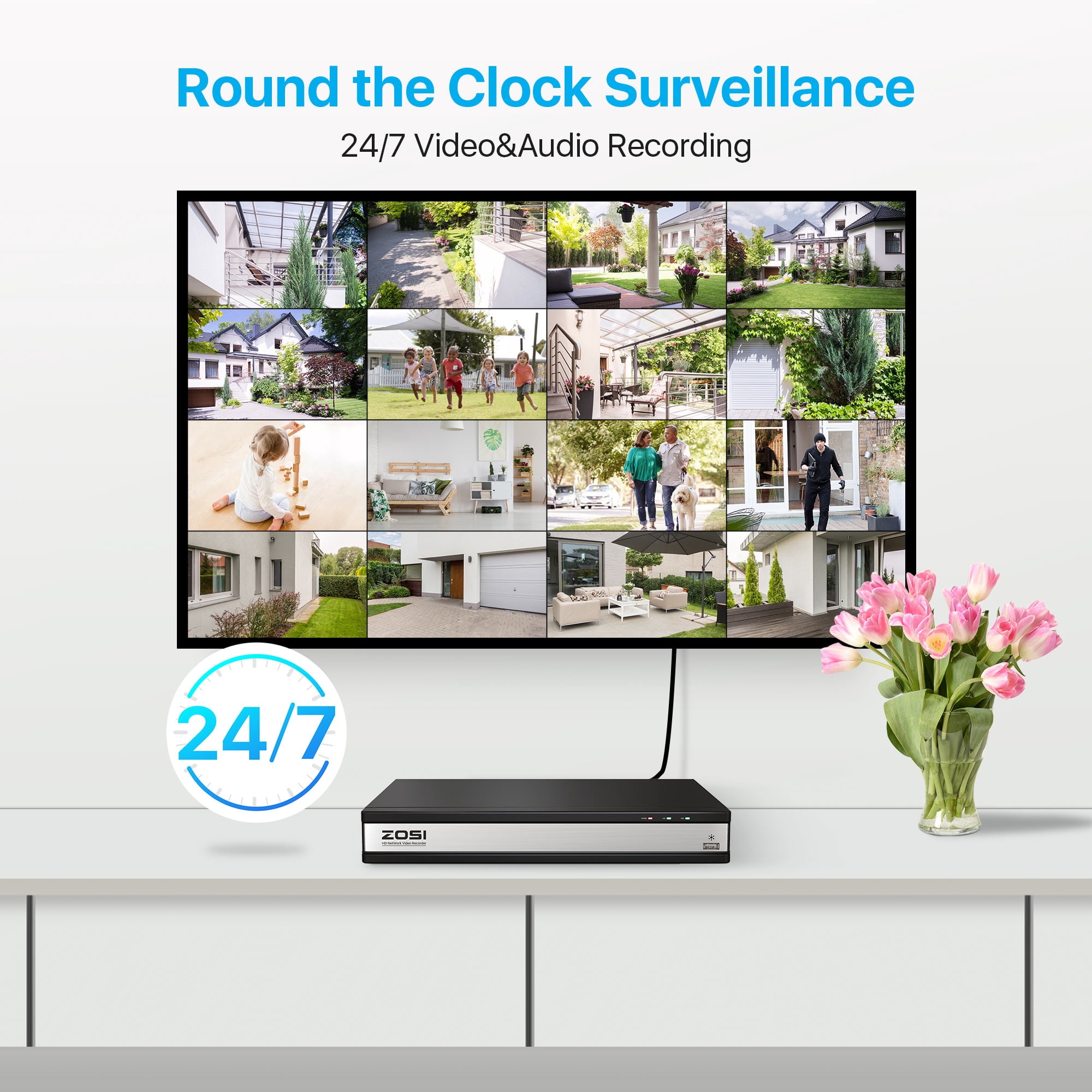 ZOSI 16CH 4K Home Security Camera System, 8pcs Wired 8MP Outdoor PoE IP Cameras with AI Person Vehicle Detection, 4K 16CH NVR with 4TB HDD for 24-7 Recording,