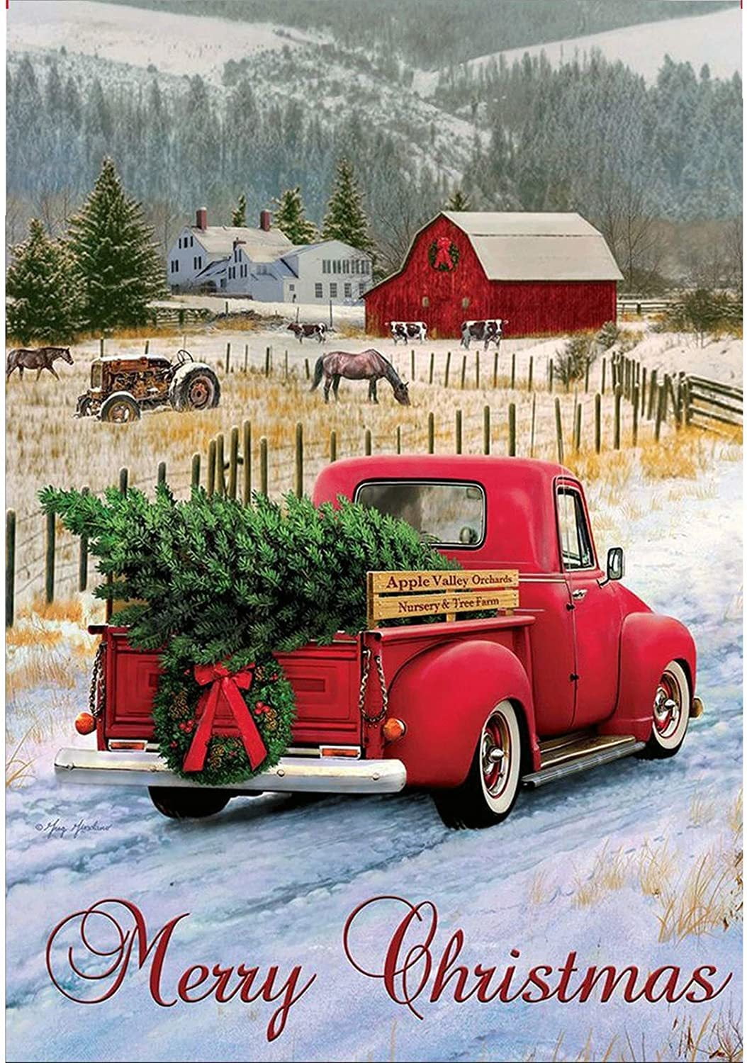 Goaus Merry Christmas Garden Flag,Red Truck Deliver Xmas Tree in Rustic Snowing Winter,Double Sided Burlap Decorative House Flags for Home Lawn Yard Indoor Outdoor Decor,12 x 18 Inch 
