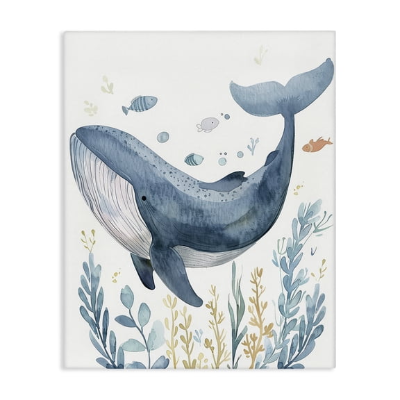 Stupell Industries Curved Blue Whale Animals Painting Wrapped Canvas Art Print Wall Art, 16 x 20
