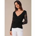 thumbnail image 2 of DARING DIVA Women's Lace Long Sleeve Fitted Cross Wrap Ruched V Neck Top S Black, 2 of 6