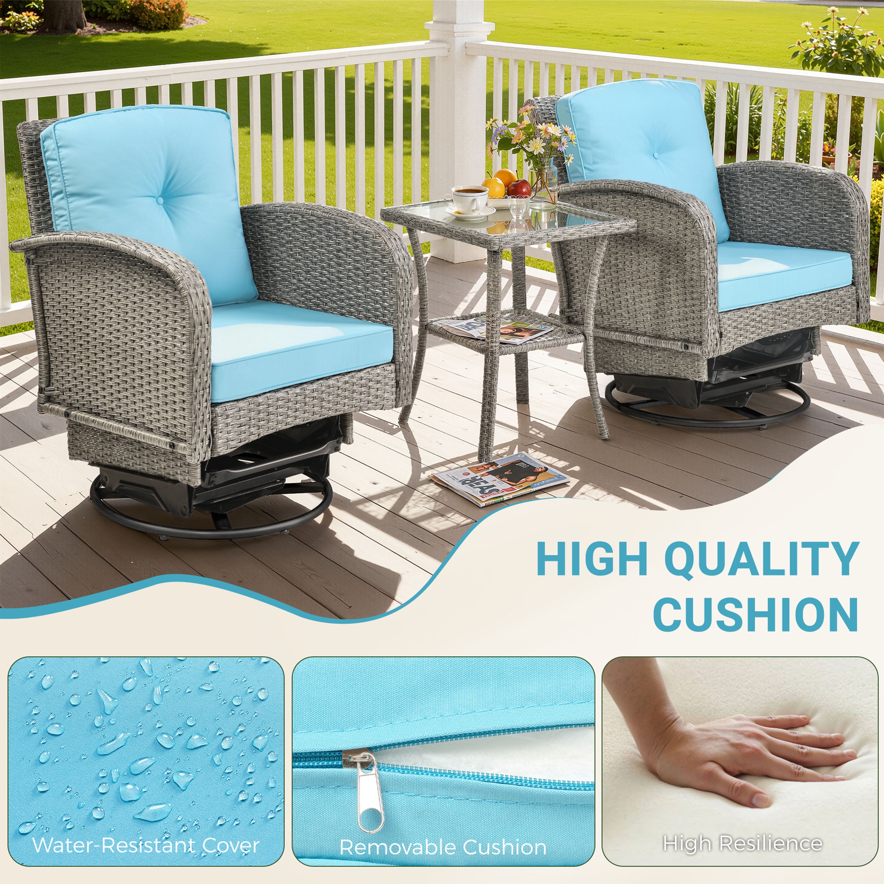 3 Piece Outdoor Bistro Swivel Chairs Set, Patio Bistro Set w/ 360° Swivel Rocking Chairs & Table, All-Weather Conversation Set with Metal Frame for Patio Backyard Porches or Garden - Blue