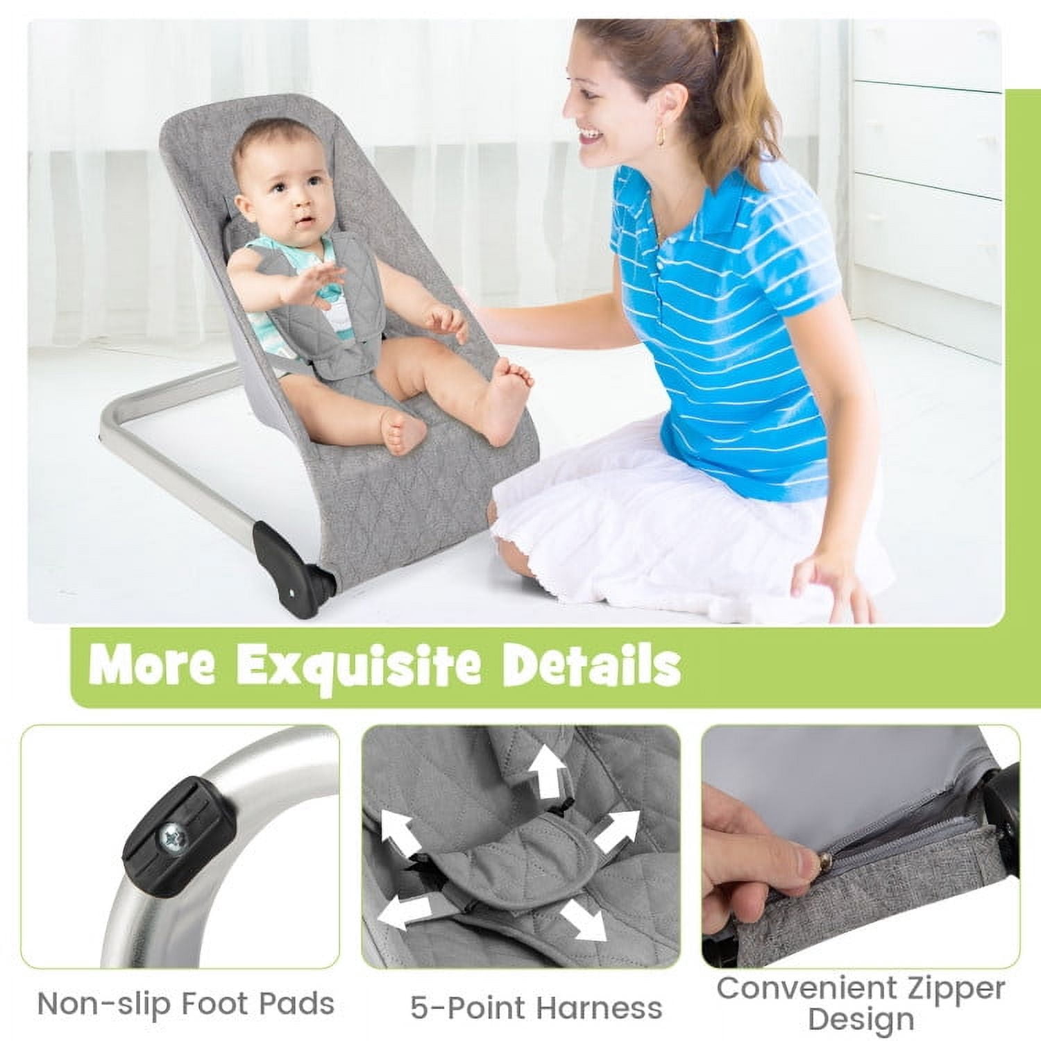 Kadyn Baby Bouncer,Rocker Chair Recliner,Baby Swing,Baby Bouncer Seat with Aluminum and Metal Frame-Light Gray