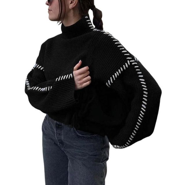 Chandail Col Roulé Automne pour Femmes Tricot Manches Longues Couture Contrastée Confortable Chaud Mode Décontractée Hiver