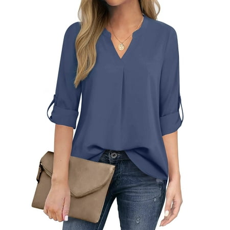 Fantaslook Womens Blouses 3/4 Sleeve V Neck Work Shirts Dressy Tops Chiffon Office Wear