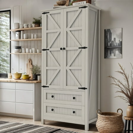 WSSYzyzf 64.5 Inch Farmhouse Kitchen Pantry Cabinet Tall Storage Cabinet with 2 Drawers and Adjustable Shelves, Versatile Storage for Living Room Dining Room or Hallway in White