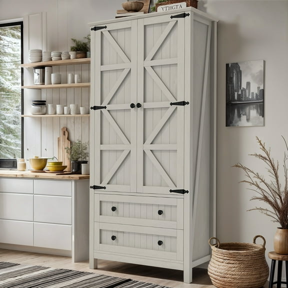 WSSYzyzf 64.5 Inch Farmhouse Kitchen Pantry Cabinet Tall Storage Cabinet with 2 Drawers and Adjustable Shelves, Versatile Storage for Living Room Dining Room or Hallway in White