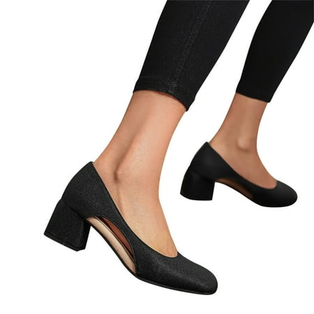 Oyedens Women s Pump Cutout Vintage Squate Toe Heels for Women Mid Block Heels Work Dress Shoes